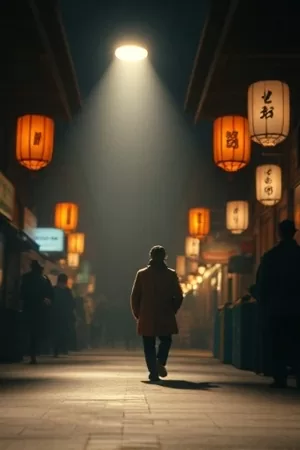 竖版爱情片主视觉，暖粉色夜里两人并肩走在街灯下